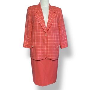 Vintage 90s‎ Jon Tagia Suit Coral Pink Orange Check Blazer Skirt Office Size 18